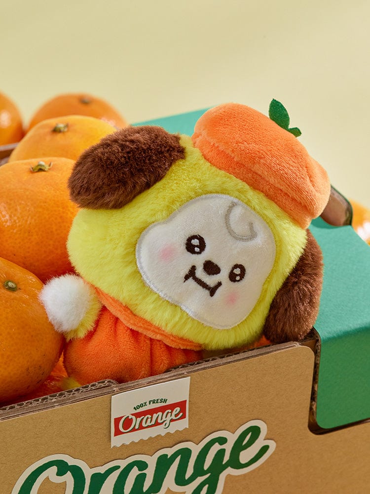 BT21 CHIMMY BABY PLUSH ORANGE PARTY : peluche orange CHIMMY en boîte, décor chambre, style officiel.