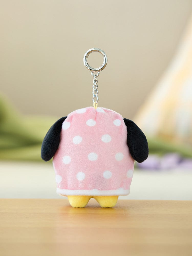 BT21 CHIMMY DOLL KEYRING CAMPFIRE : porte-clés officiel LINE FRIENDS, figurine CHIMMY rose à pois, sur fond clair.