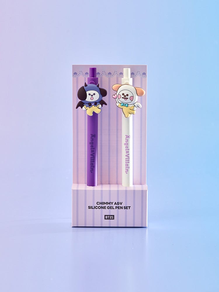 BT21 CHIMMY GEL PEN SET (2PCS) ANGEL & VILLAIN, stylos gel officiels LINE FRIENDS, coffret avec CHIMMY et BABY Angel sur fond bleu