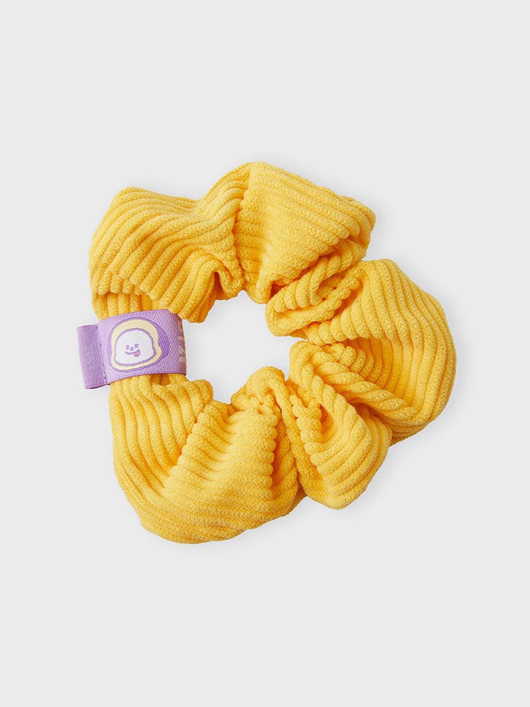 BT21 CHIMMY HAIR SCRUNCHIE NEW BASIC EDITION, chouchou jaune LINE FRIENDS avec tag CHIMMY, sur fond clair