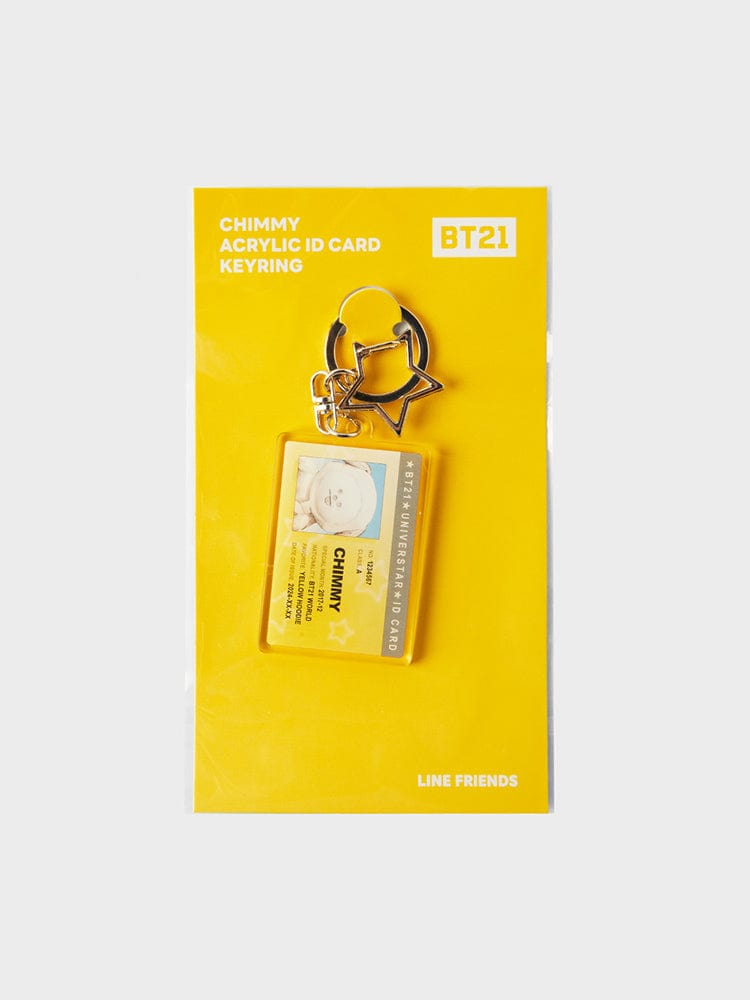 BT21 CHIMMY ID CARD ACRYLIC KEYRING SILVER EDITION, porte-clés acrylique sur packaging jaune LINE FRIENDS, photo produit.