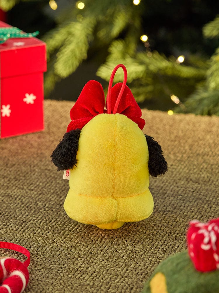 BT21 CHIMMY mini minini ORNAMENT PLUSH KEYRING PETITE HOLIDAY, porte-clés peluche près sapin et cadeaux, ambiance fête K-pop.