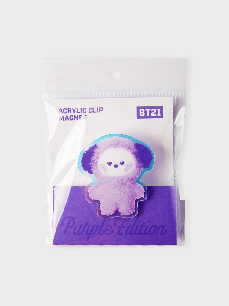 BT21 CHIMMY minini ACRYLIC MAGNETIC CLIP PURPLE OF WISH EDITION : clip aimanté violet, chiot CHIMMY sur fond paquet papeterie