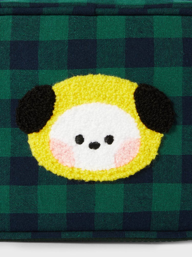 BT21 CHIMMY minini CHECKERED POUCH BASIC : pochette tartan vert avec visage de CHIMMY, officiel LINE FRIENDS, gros plan