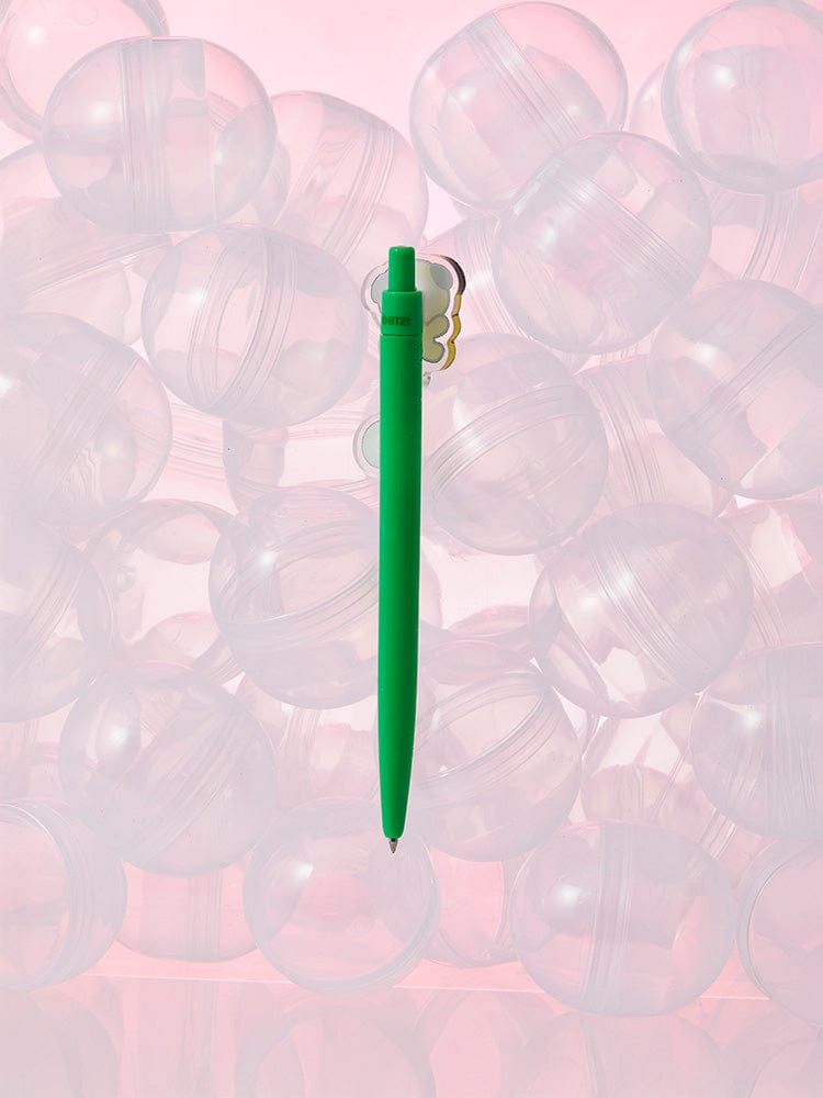 BT21 CHIMMY minini GEL PEN LUCKY GATCHA, stylo gel vert BT21 LINE FRIENDS sur fond rose pailleté, style papeterie.