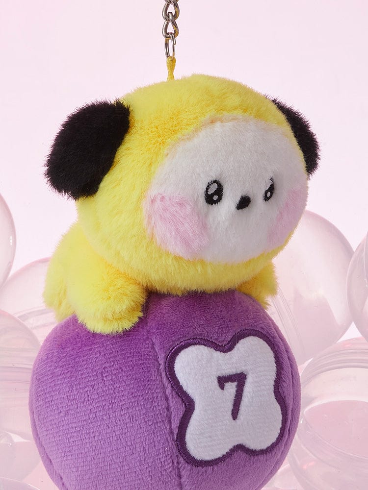 BT21 CHIMMY minini PLUSH KEYRING LUCKY GATCHA, porte-clés peluche CHIMMY Jimin sur support, style K-pop violet et jaune