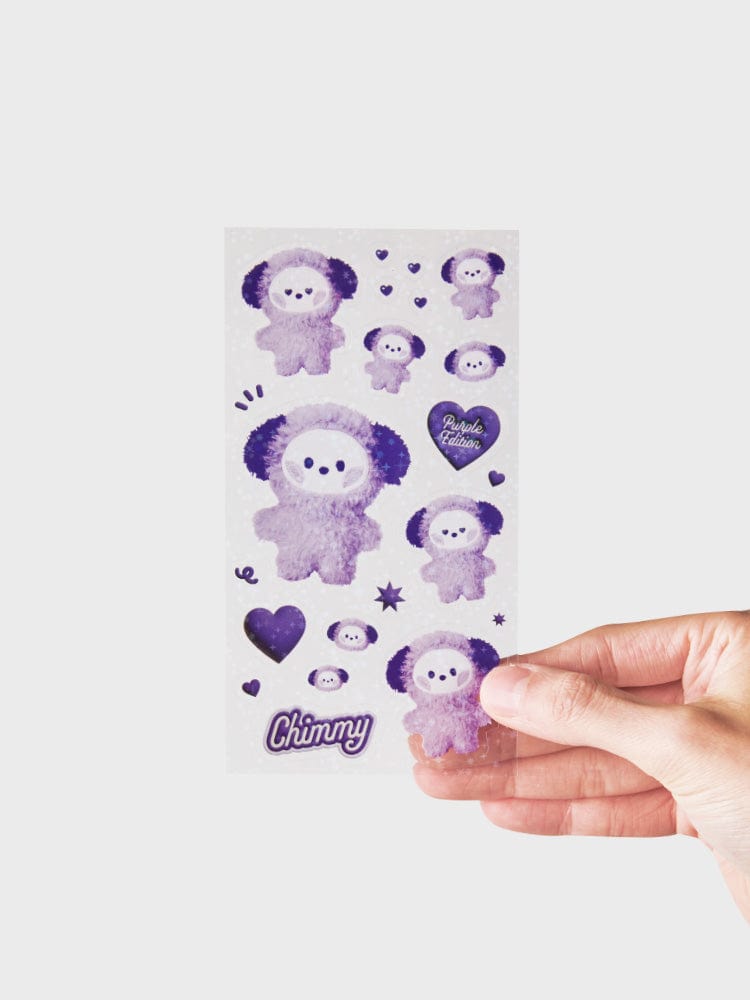 BT21 CHIMMY minini STICKERS PURPLE OF WISH EDITION, stickers papeterie violets avec CHIMMY et cœurs, main qui colle