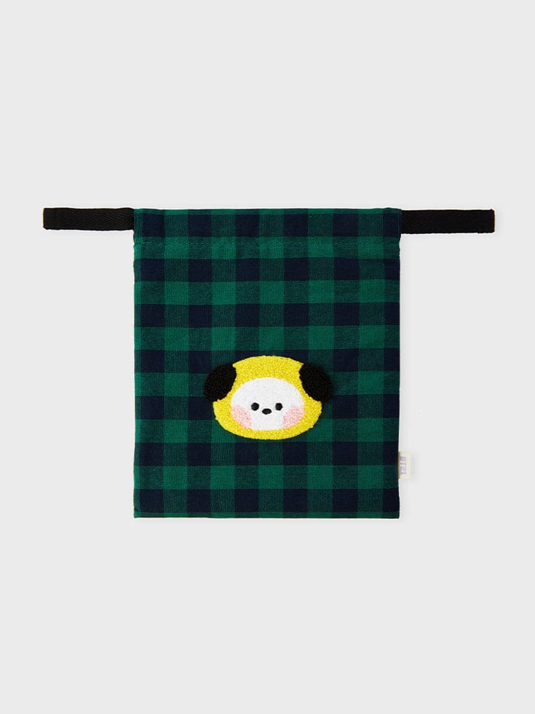 BT21 CHIMMY minini STRING POUCH BASIC, pochette/sac à cordon officiel LINE FRIENDS, tissu écossais vert avec CHIMMY.