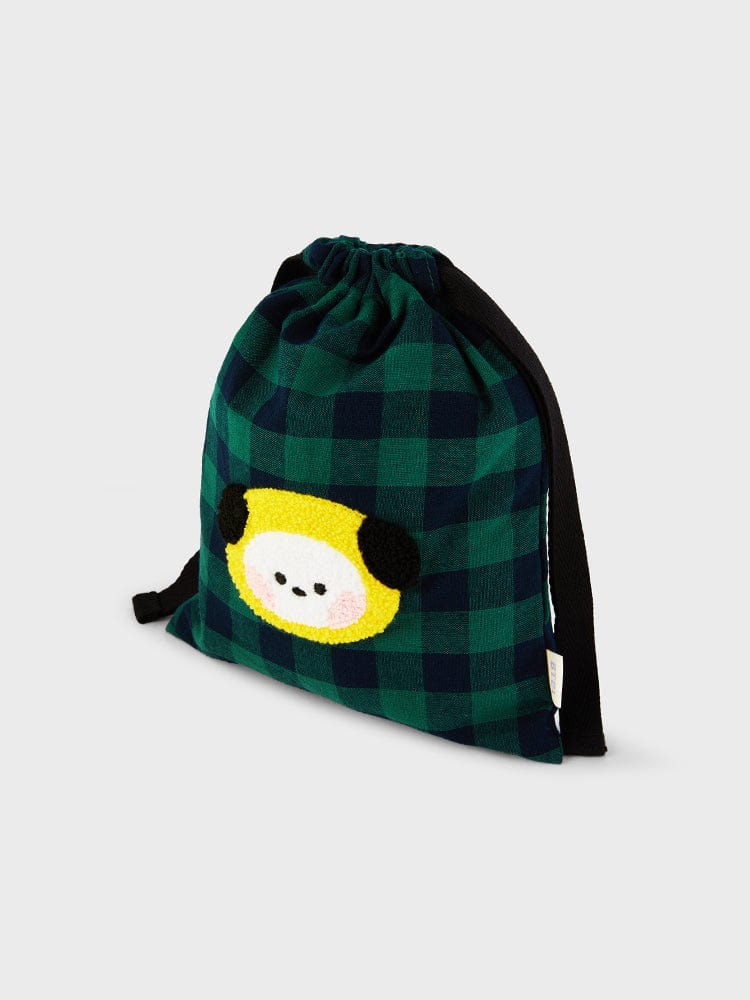 BT21 CHIMMY minini STRING POUCH BASIC : pochette à cordon officielle LINE FRIENDS, tissu vert à carreaux avec visuel CHIMMY.