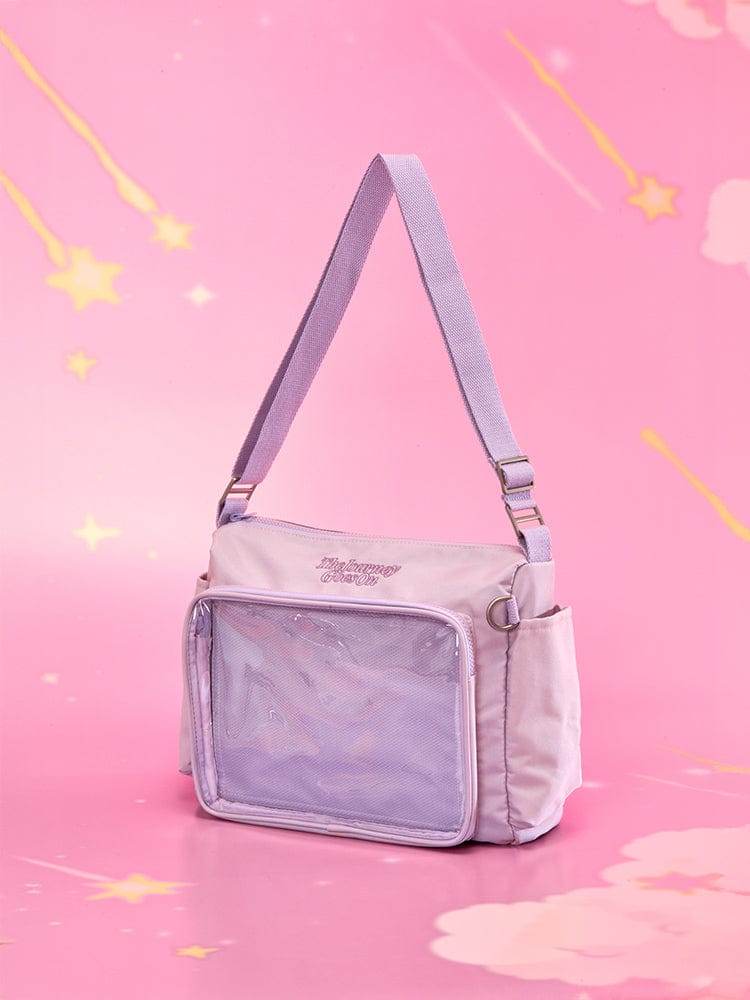 BT21 CLEAR POCKET MULTI CROSSBODY BAG THE JOURNEY, bandoulière claire BT21 sur fond rose étoilé, style cadeau
