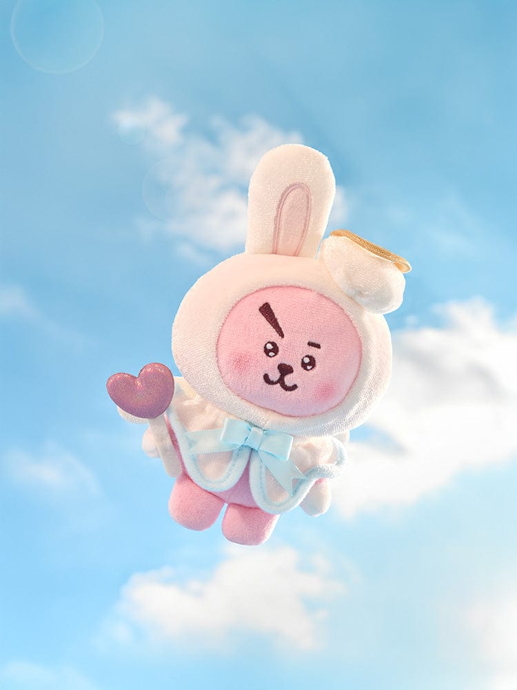 BT21 COOKY ANGEL PLUSH ANGEL & VILLAIN, peluche LINE FRIENDS en ange, lapin dans un ciel bleu nuageux