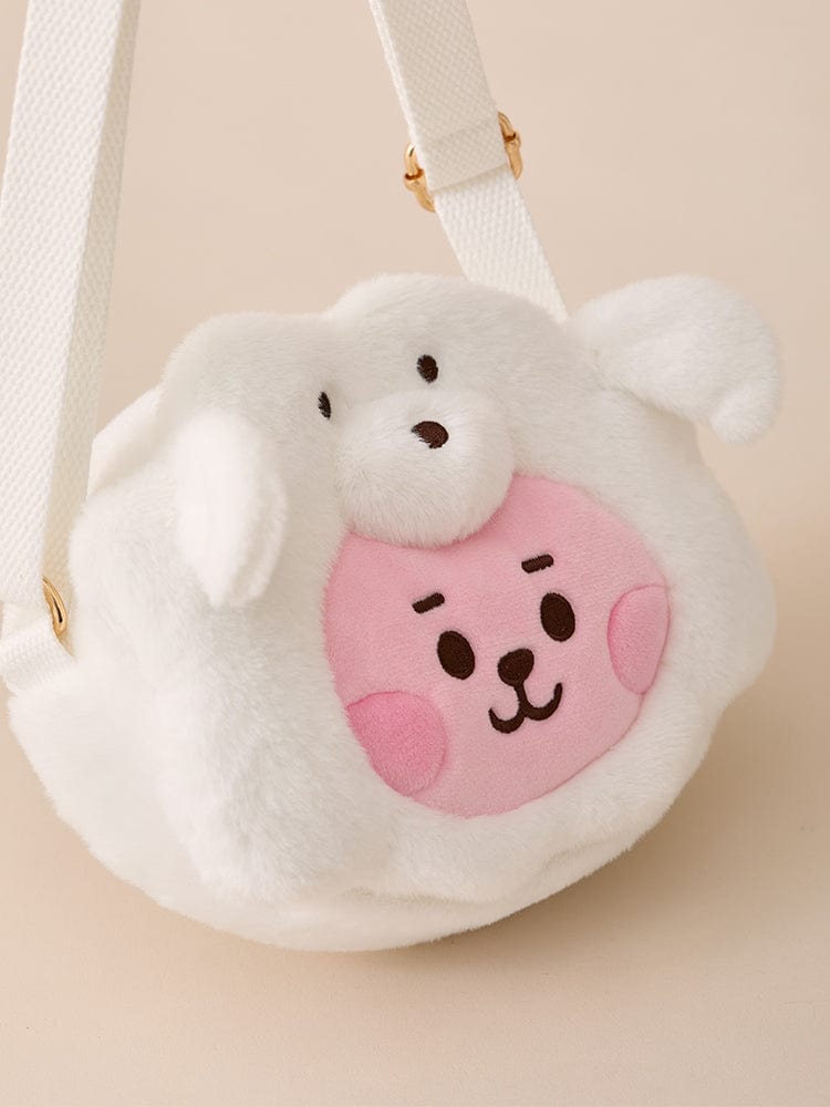 BT21 COOKY BABY CROSSBODY BAG FLUFFY, pochette en peluche blanche avec COOKY et bandoulière blanche, LINE FRIENDS.