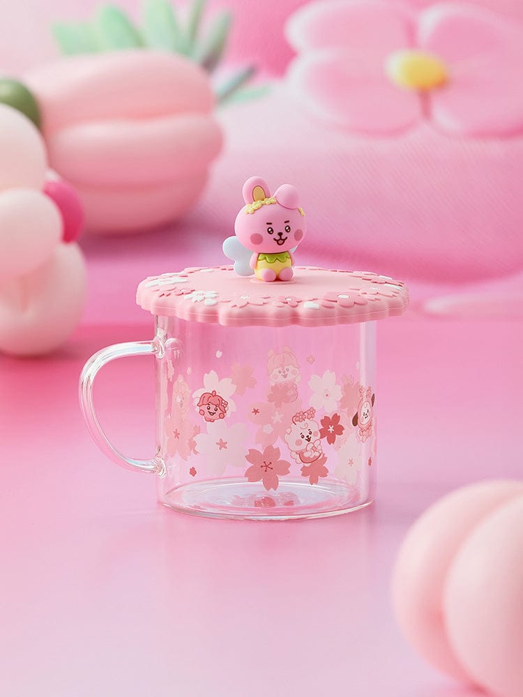 BT21 COOKY BABY GLASS UP & LID (11oz) SPRING FAIRY, verre avec couvercle et figurine COOKY, décor fleurs printanières LINE FRIENDS
