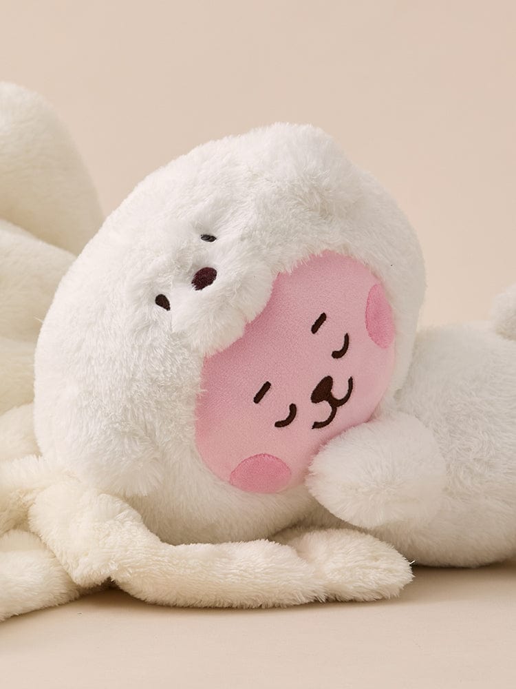 BT21 COOKY BABY LYING DOLL FLUFFY, peluche officielle LINE FRIENDS : bébé COOKY allongé, décor chambre, doux et moelleux.