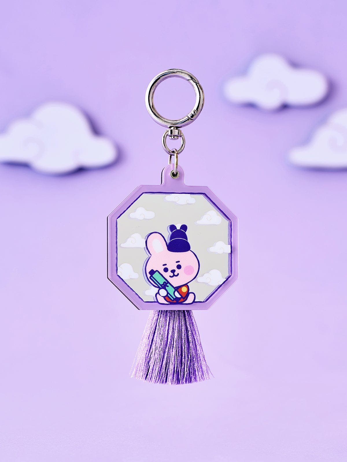 BT21 COOKY BABY MIRROR KEYRING K-EDITION ver.2, porte-clés miroir COOKY sur fond violet avec nuages, style bébé