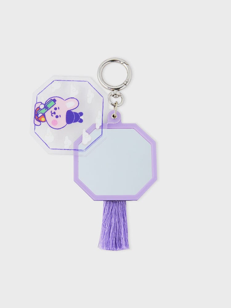 BT21 COOKY BABY MIRROR KEYRING K-EDITION ver.2, porte-clés miroir officiel LINE FRIENDS avec pompon violet, fond clair