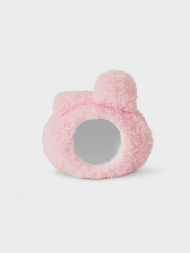 BT21 COOKY minini HANDHELD MIRROR GLITTER EDITION : miroir de poche rose au lapin musclé COOKY LINE FRIENDS, fond blanc.