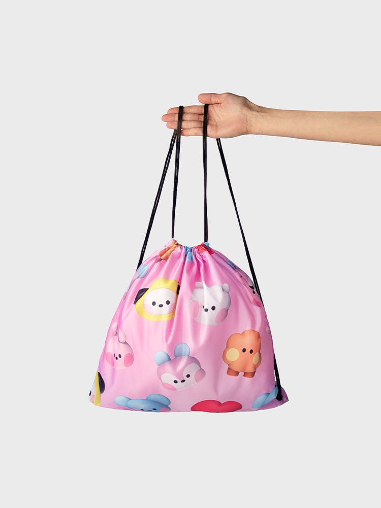 BT21 DRAWSTRING BACKPACK BIG & TINY EDITION : sac à cordon rose LINE FRIENDS avec personnages BT21, porté en main