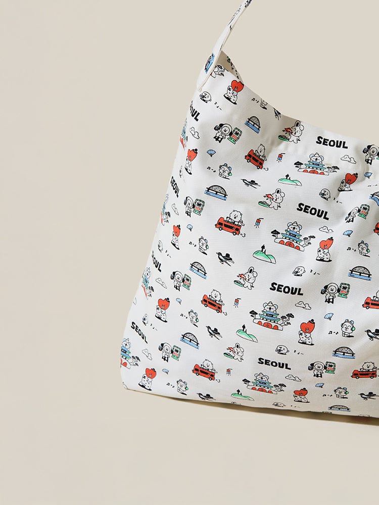 BT21 ECO BAG SEOUL EDITION : pochette éco blanche à motifs personnages BT21 et villes SEOUL, sac officiel LINE FRIENDS.
