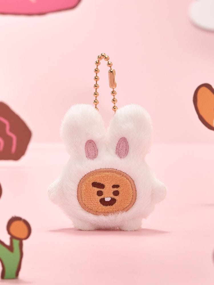 BT21 FLAT PLUSH KEYRING K-TOKKI, porte-clés en peluche blanche sur fond rose, LINE FRIENDS, design officiel BTS