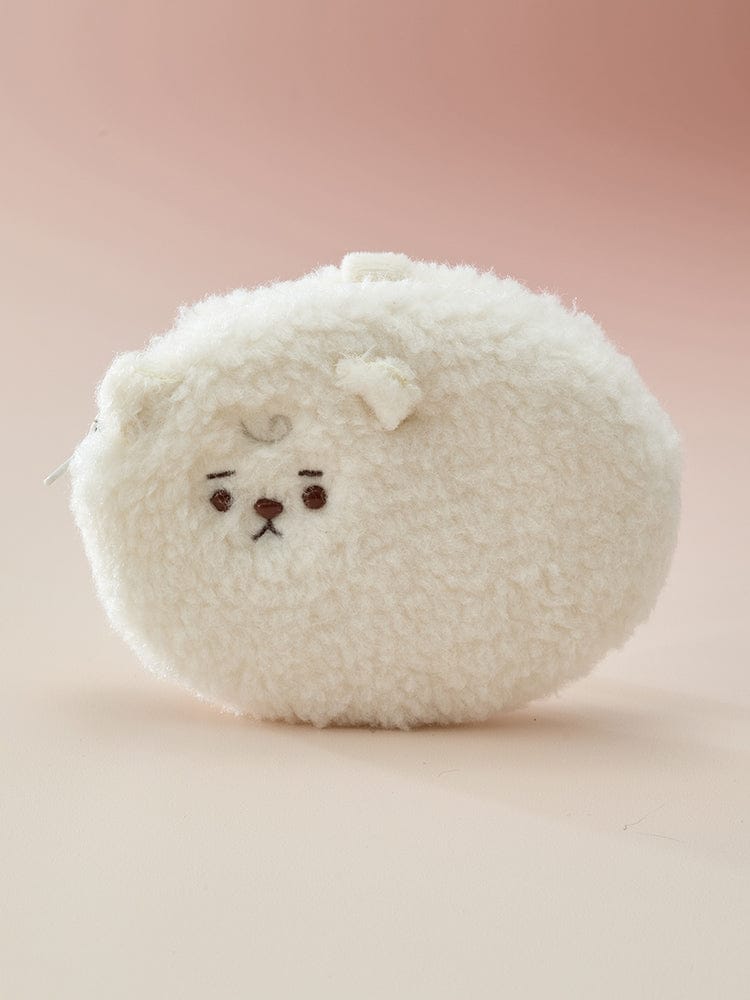 BT21 FLAT POUCH MADE BY RJ, pochette plate officielle LINE FRIENDS, alpaga blanc RJ sur fond rose pastel, design doux