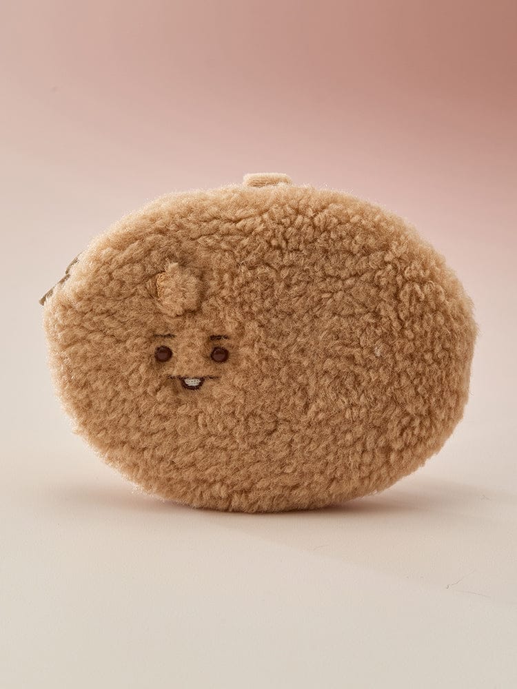BT21 FLAT POUCH MADE BY RJ : pochette plate RJ alpaga en peluche, design officiel LINE FRIENDS sur fond rose