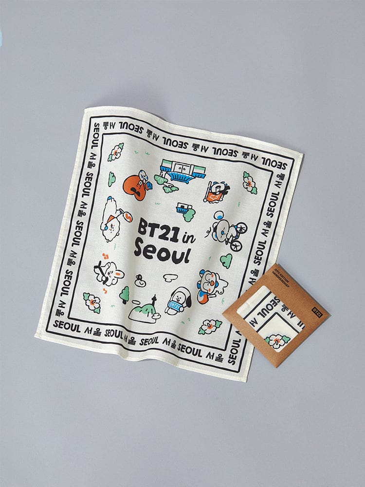 BT21 HANDKERCHIEF SEOUL EDITION (BLUE, IVORY) LINE FRIENDS : mouchoir kawaii illustré avec personnages BTS, sur fond clair.