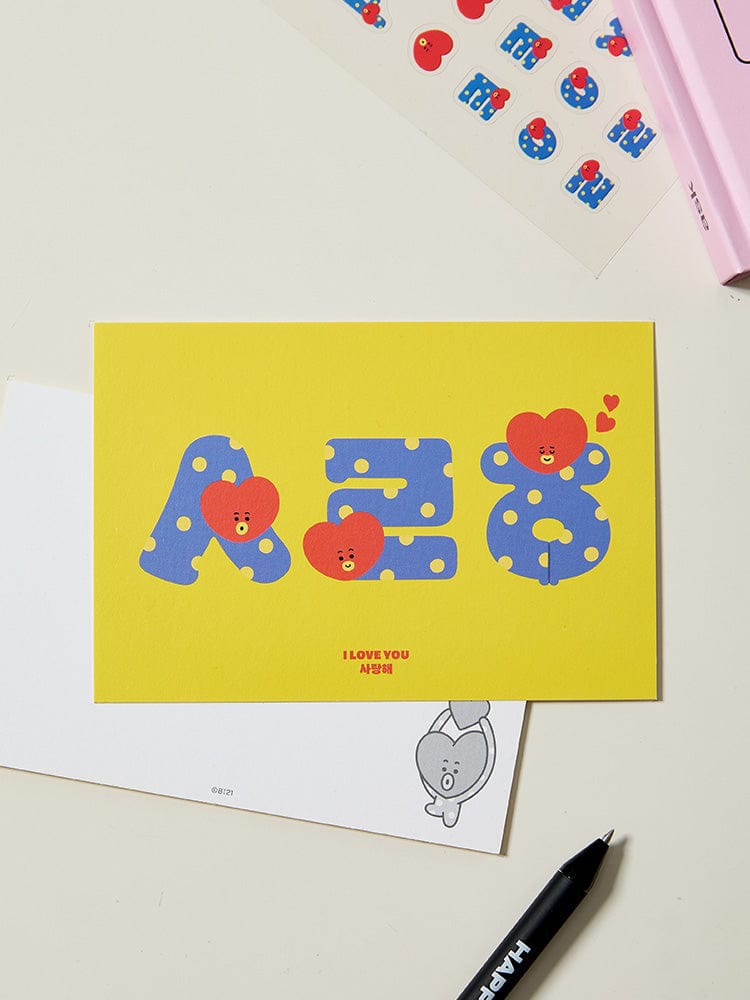 BT21 HANGEUL POSTCARD SOUVENIR : carte postale officielle LINE FRIENDS, personnages BT21 sur fond jaune, papeterie BTS