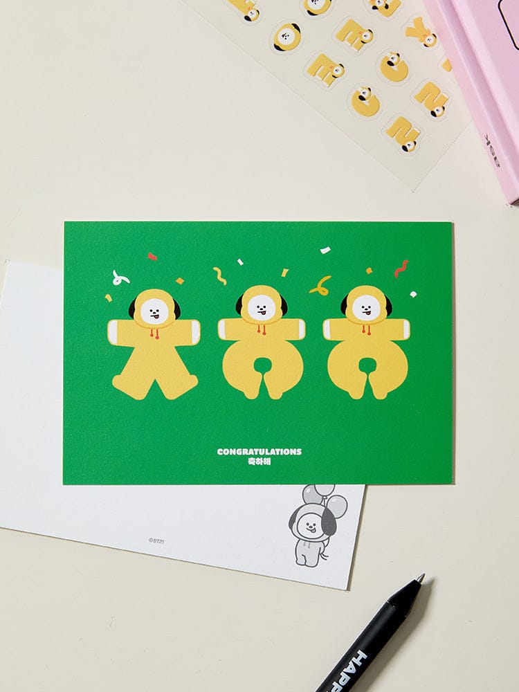 BT21 HANGEUL POSTCARD SOUVENIR : carte postale officielle LINE FRIENDS avec personnages BT21 en tenue, fond vert et confettis