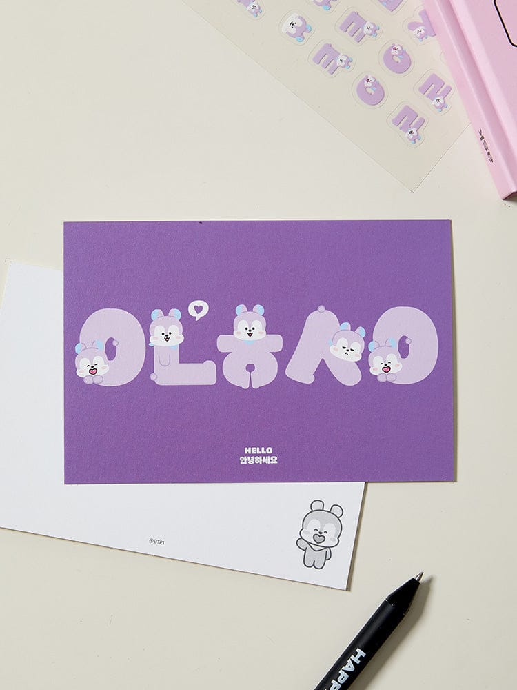 BT21 HANGEUL POSTCARD SOUVENIR LINE FRIENDS : carte postale violette avec personnages BT21, papeterie bureau/école.