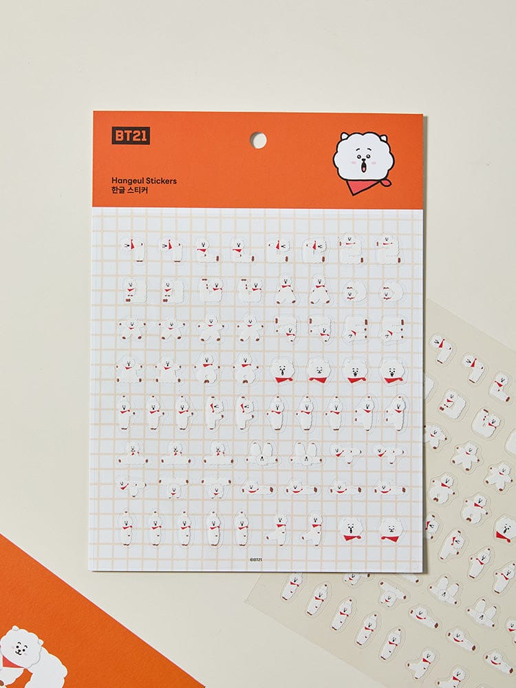 BT21 HANGEUL STICKER SOUVENIR LINE FRIENDS : stickers Hangeul sur fond orange, pack et feuilles visibles, style papeterie.
