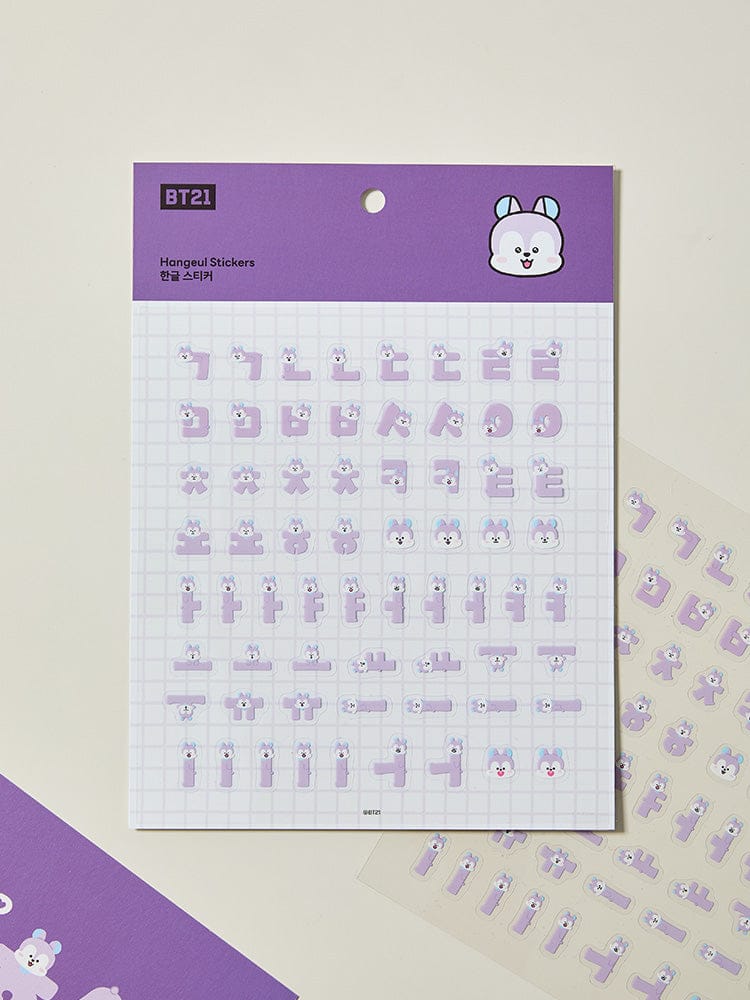 BT21 HANGEUL STICKER SOUVENIR, stickers Hangul LINE FRIENDS BTS sur papeterie violette, design officiel.