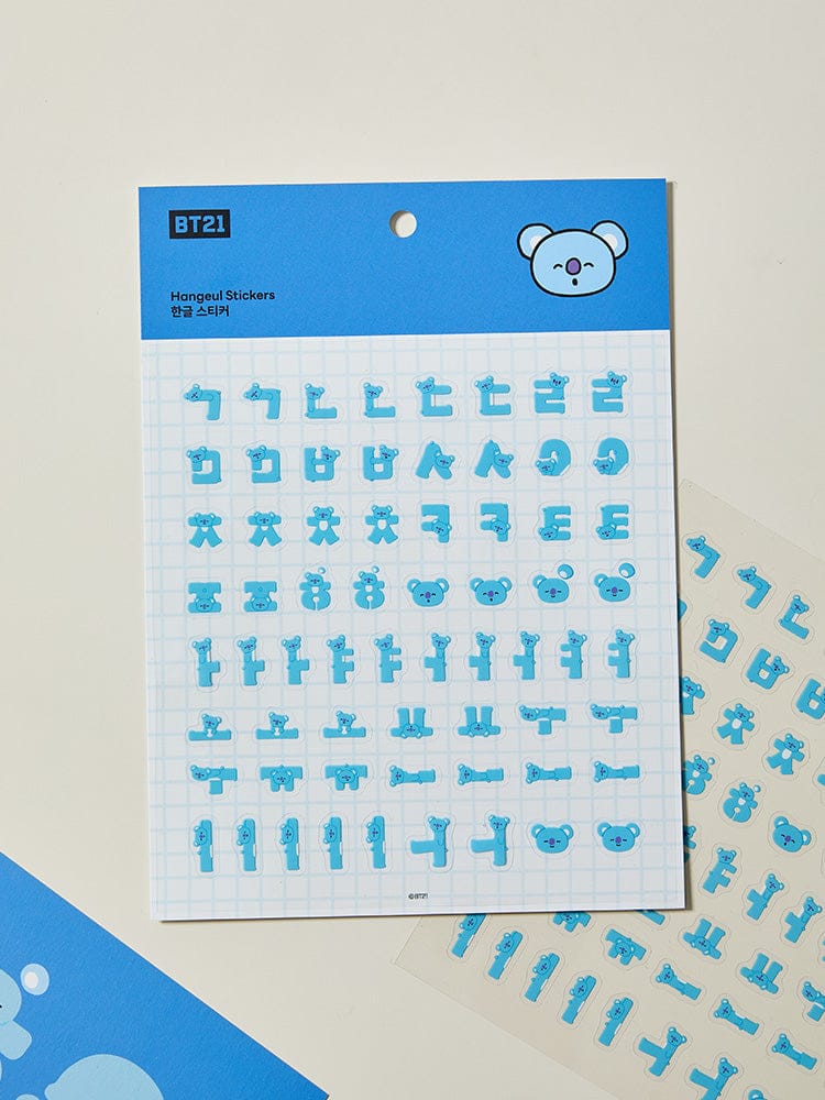 BT21 HANGEUL STICKER SOUVENIR LINE FRIENDS : stickers alphabet coréen Hangeul bleus sur carte, fond bureau