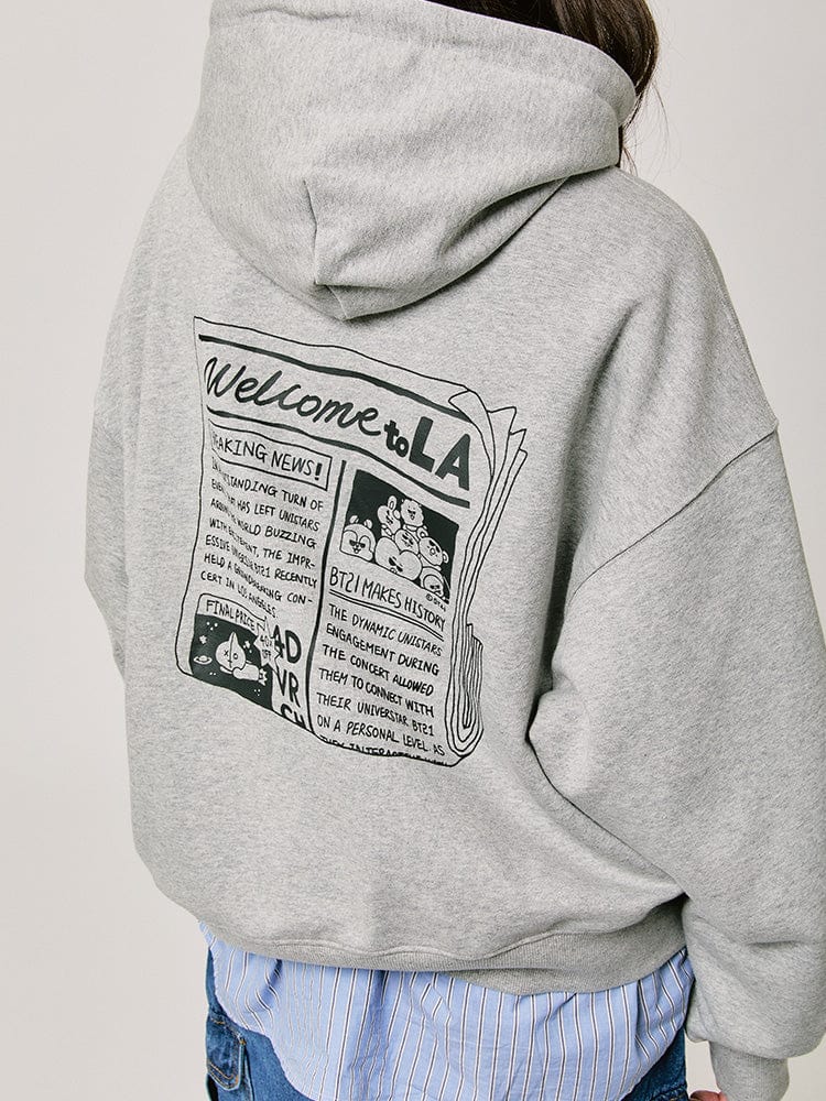 BT21 HOODED SWEATSHIRT 2024 F/W CITY EDITION (LA GRAY) LINE FRIENDS : sweat gris à capuche avec visuel LA, style K-pop