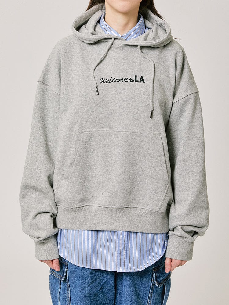 BT21 HOODED SWEATSHIRT 2024 F/W CITY EDITION (LA GRAY) : sweat à capuche gris LINE FRIENDS, modèle en studio