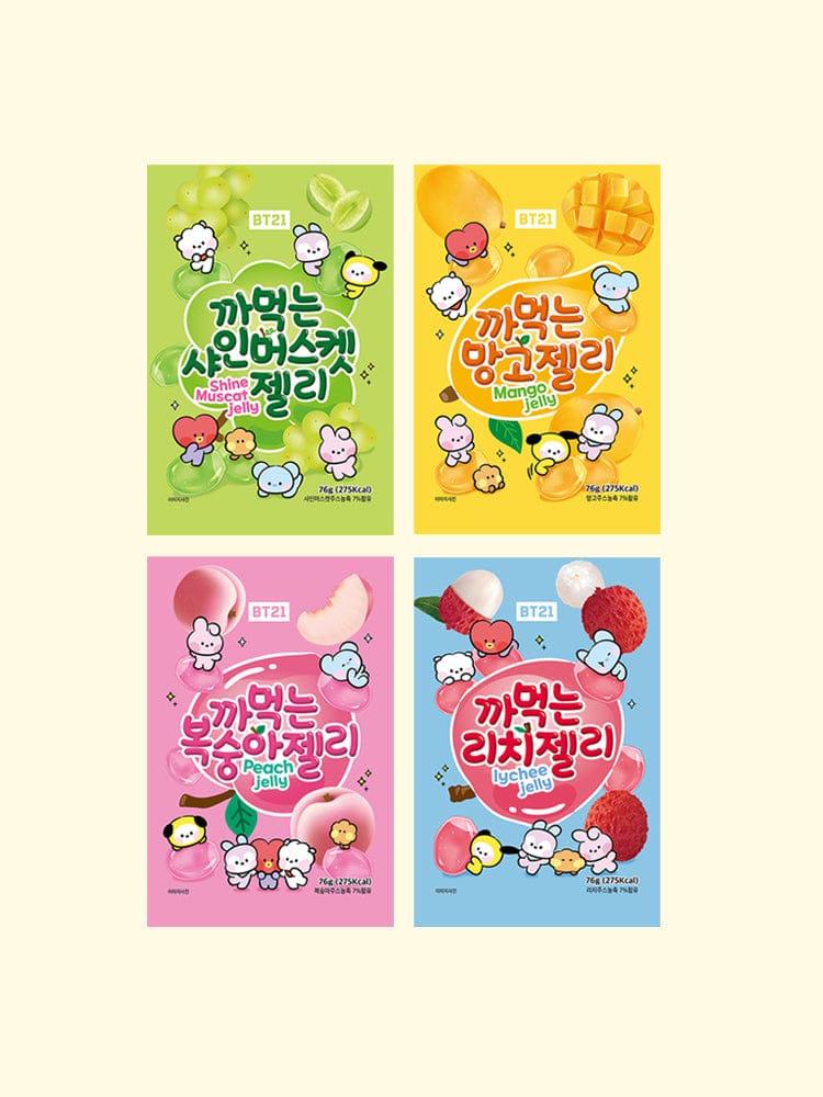 BT21 JELLY (76g) LINE FRIENDS : visuels colorés avec personnages BT21 kawaii, coffret de jelly en pack sur fond clair