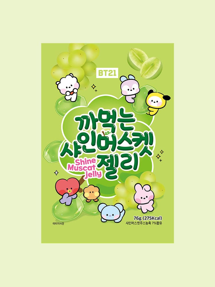 BT21 JELLY (76g) LINE FRIENDS : boîte verte kawaii aux personnages BT21, ambiance mignonne et sucrée