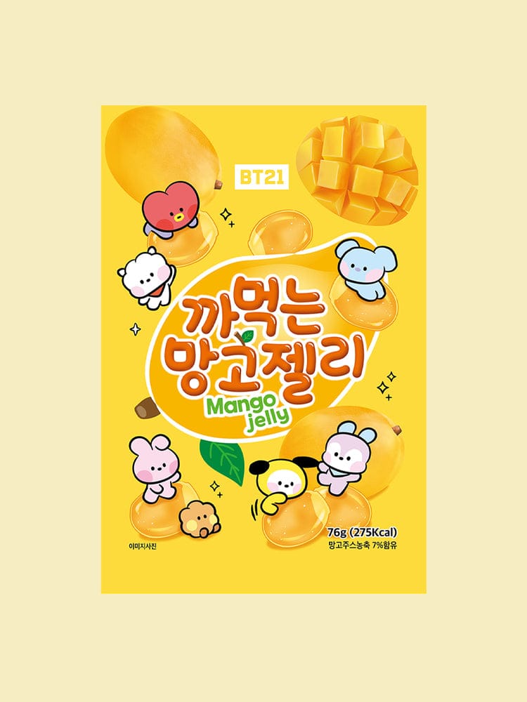 BT21 JELLY (76g) LINE FRIENDS : sachet jaune kawaii avec personnages BT21 et bulles de mangue, pour décorer votre intérieur.