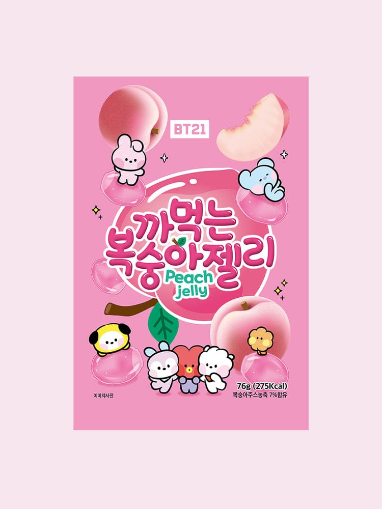 BT21 JELLY (76g) LINE FRIENDS : sachet rose kawaii avec personnages BT21 et jelly à la pêche, décor confiserie