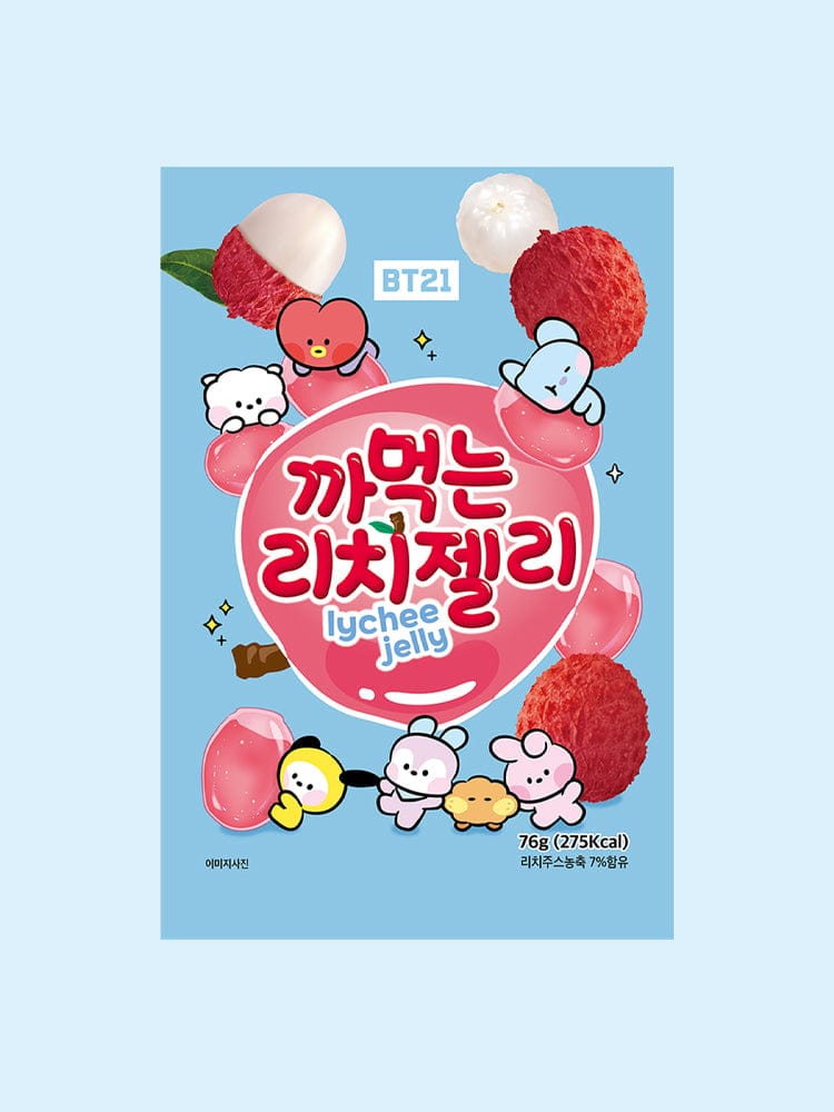 BT21 JELLY (76g) officiel LINE FRIENDS : packaging lychee kawaii avec personnages BT21 sur fond bleu clair.