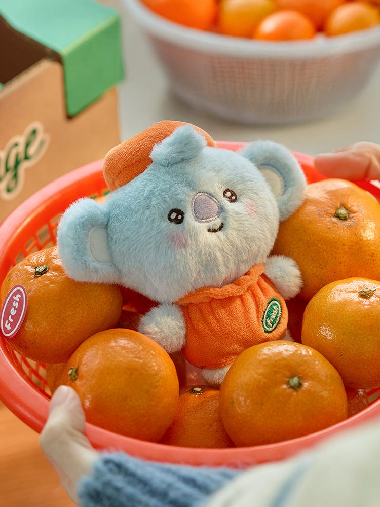 BT21 KOYA BABY PLUSH ORANGE PARTY : peluche KOYA koala bleu-orange sur plateau, décor chambre, style fête