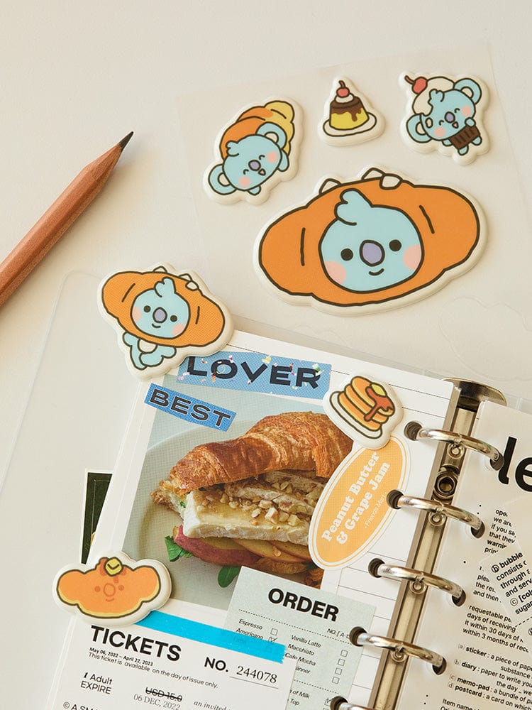 BT21 KOYA BABY STICKERS BAKERY SHOP : stickers KOYA et koala RM sur carnet, crayons et photos de pâtisserie