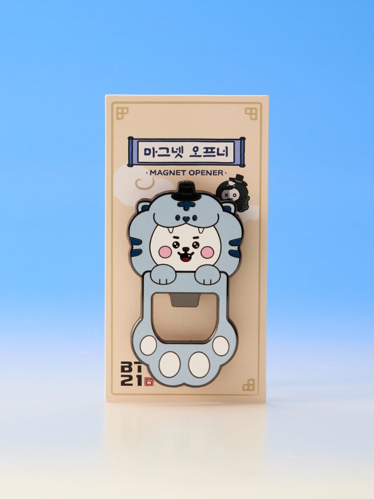 BT21 MAGNET OPENER K-HORANG, LINE FRIENDS : ouvre-bouteille aimanté K-Horang sur fond bleu, papeterie officielle BTS.