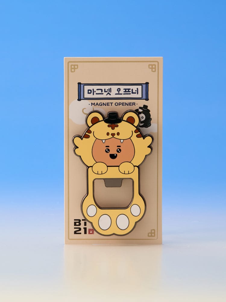 BT21 MAGNET OPENER K-HORANG LINE FRIENDS : ouvre-bouteille magnétique K-Horang, packaging papeterie sur fond bleu.