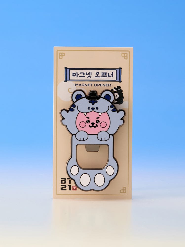 BT21 MAGNET OPENER K-HORANG, ouvre-bouteille aimanté LINE FRIENDS, personnage K-Horang sur carte papeterie BT21 sur fond bleu