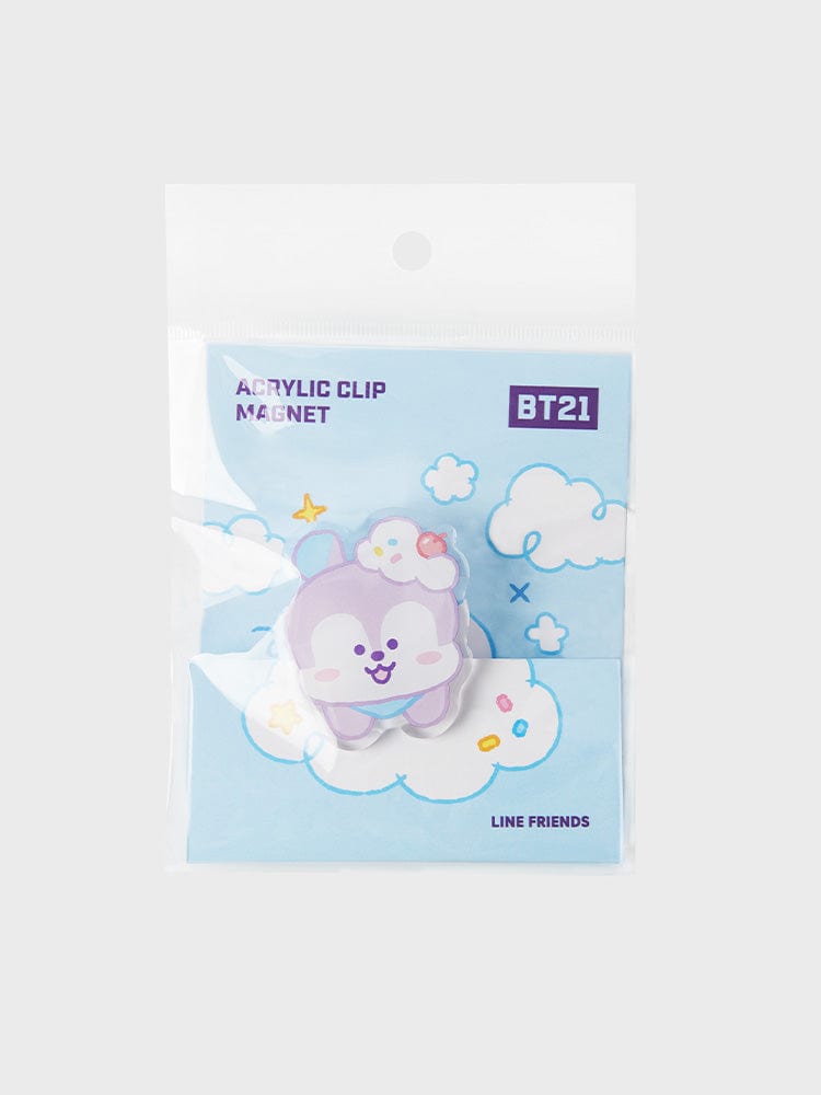 BT21 MANG ACRYLIC MAGNETIC CLIP ON THE CLOUD EDITION : clip acrylique aimanté LINE FRIENDS sur fond bleu nuageux.