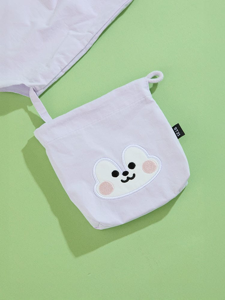 BT21 MANG BABY BASIC ECO BAG de LINE FRIENDS, petite pochette en tissu blanc avec tête de poney sur fond vert.