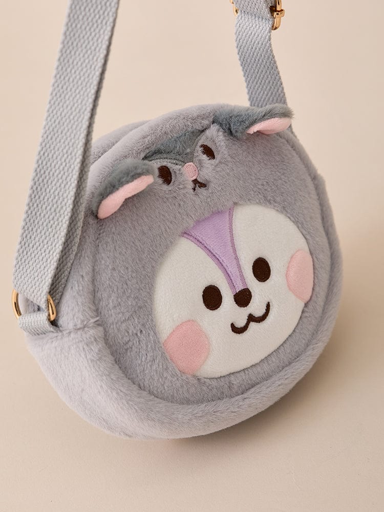 BT21 MANG BABY CROSSBODY BAG FLUFFY, pochette croisée LINE FRIENDS en peluche grise, poney danseur masqué, vue produit.