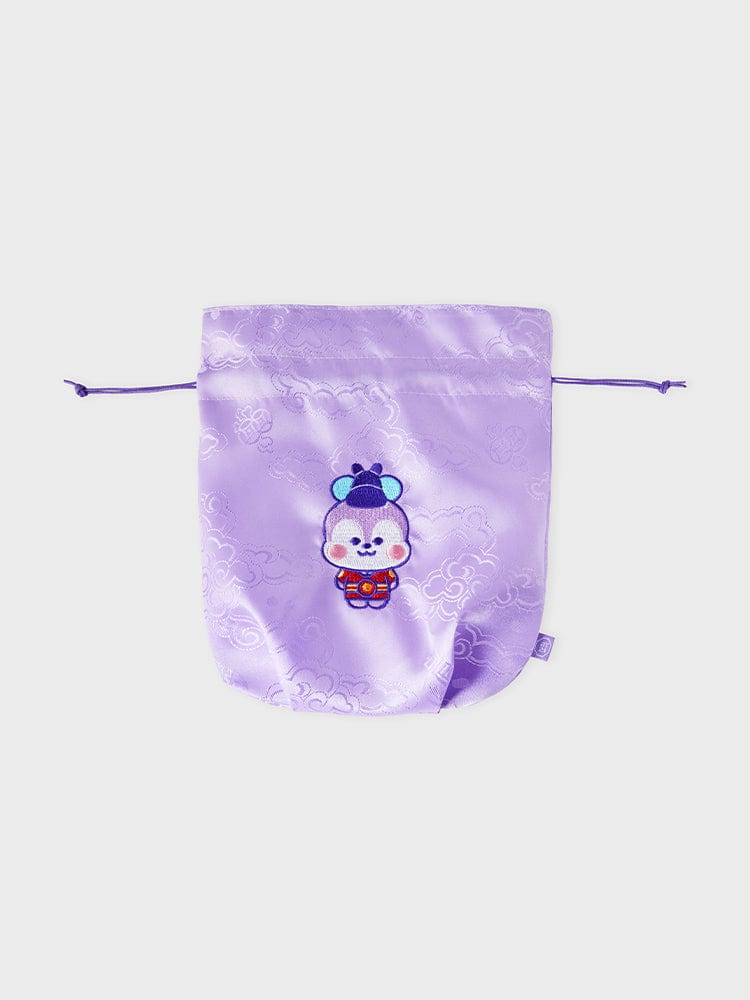 BT21 MANG BABY GOOD LUCK POUCH K-EDITION ver.2 : petite pochette violette LINE FRIENDS avec MANG, cordons et motif mascotte