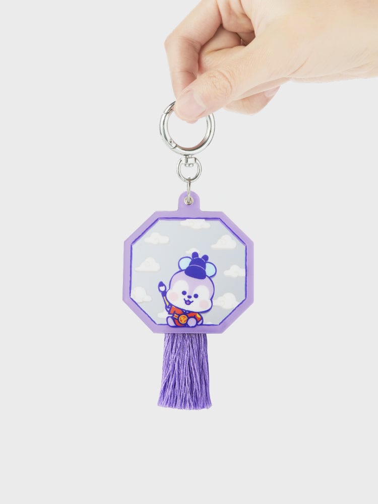 BT21 MANG BABY MIRROR KEYRING K-EDITION ver.2 : porte-clés miroir violet avec pompon, main tenant, accessoire LINE FRIENDS